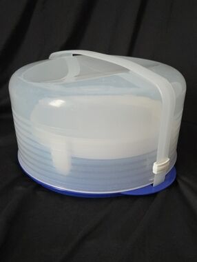 Tupperware Round Cake Carrier with Translucent White Lid and Blue Base
